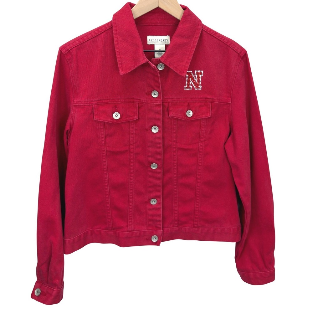 Nebraska Huskers Blackshirts Rhinestone Denim Jacket Womens Size M Red Game Day